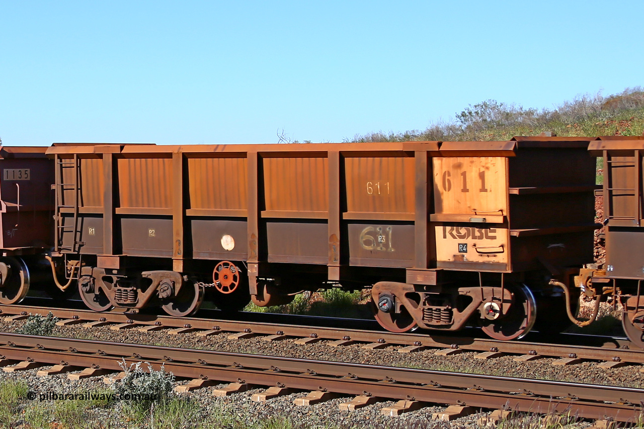 0611 160727 0989
Robe River ore waggon 611, built by Tomlinson Steel WA, rotary coupler end handbrake side empty view at Harding Siding on the Cape Lambert line, July 27, 2016.
Keywords: 611;Tomlinson-Steel-WA;Robe-ore-waggon;