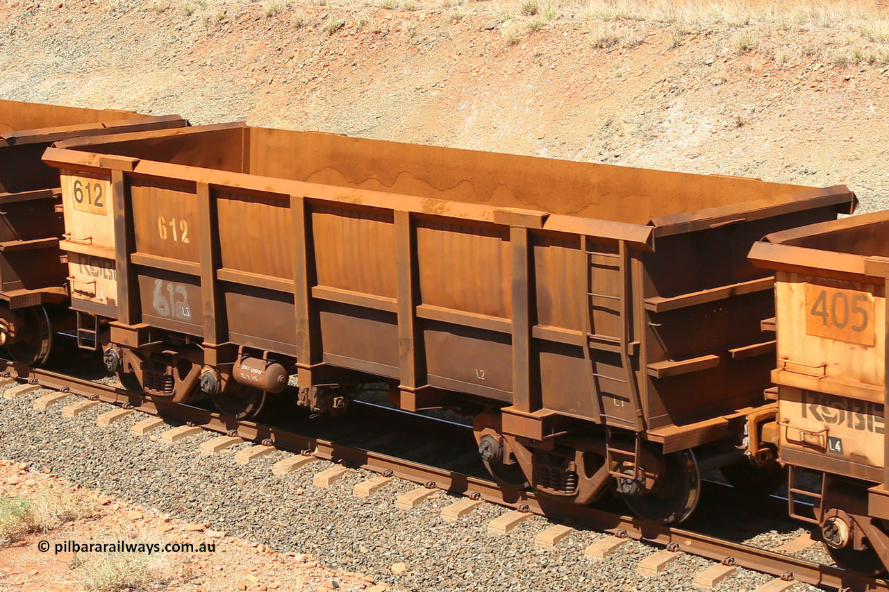 0612 160306 1338
Robe River ore waggon 612, built by Tomlinson Steel WA, fixed coupler non-handbrake side empty view at Greenpool on the Cape Lambert line. March 6, 2016.
Keywords: 612;Tomlinson-Steel-WA;Robe-ore-waggon;