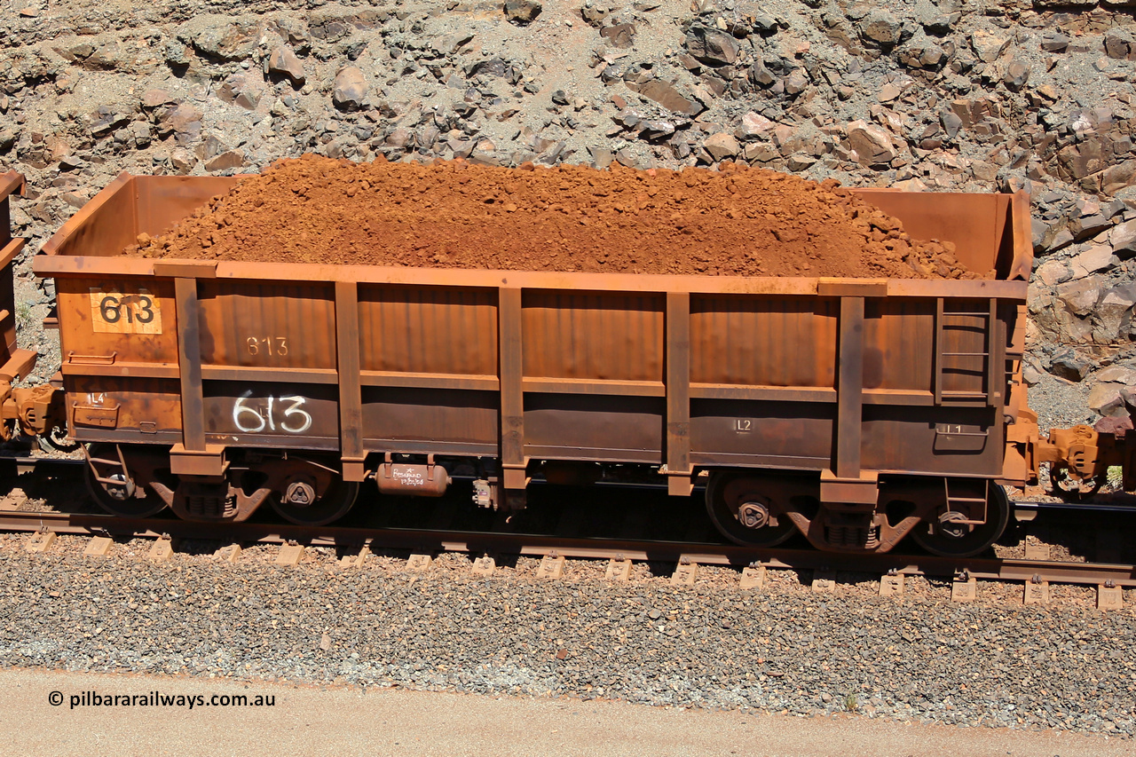 0613 160306 1590
Robe River ore waggon 613, built by Tomlinson Steel WA, fixed coupler non-handbrake side loaded view, at the 45 km, Harding Siding on the Cape Lambert line. March 6, 2016.
Keywords: 613;Tomlinson-Steel-WA;Robe-ore-waggon;