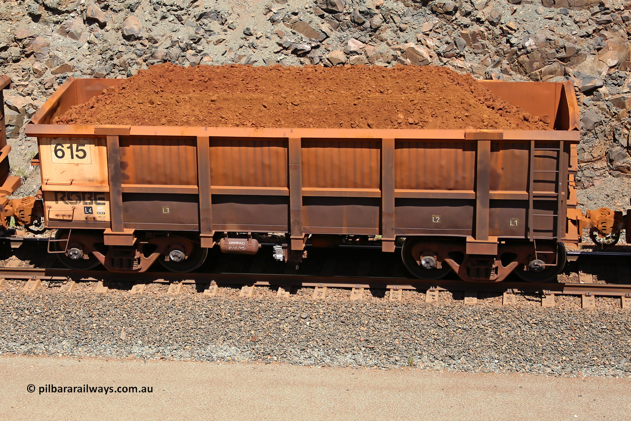 0615 160306 1538
Robe River ore waggon 615, built by Tomlinson Steel WA, fixed coupler non-handbrake side loaded view, at the 45 km, Harding Siding on the Cape Lambert line. March 6, 2016.
Keywords: 615;Tomlinson-Steel-WA;Robe-ore-waggon;