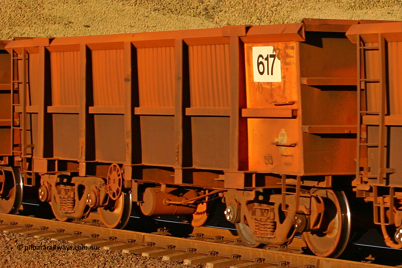 0617 060722 7615
Robe River ore waggon 617, built by Tomlinson Steel WA, rotary coupler end handbrake side empty view, at the 11.7 km, Cape Lambert. July 22, 2006.
Keywords: 617;Tomlinson-Steel-WA;Robe-ore-waggon;
