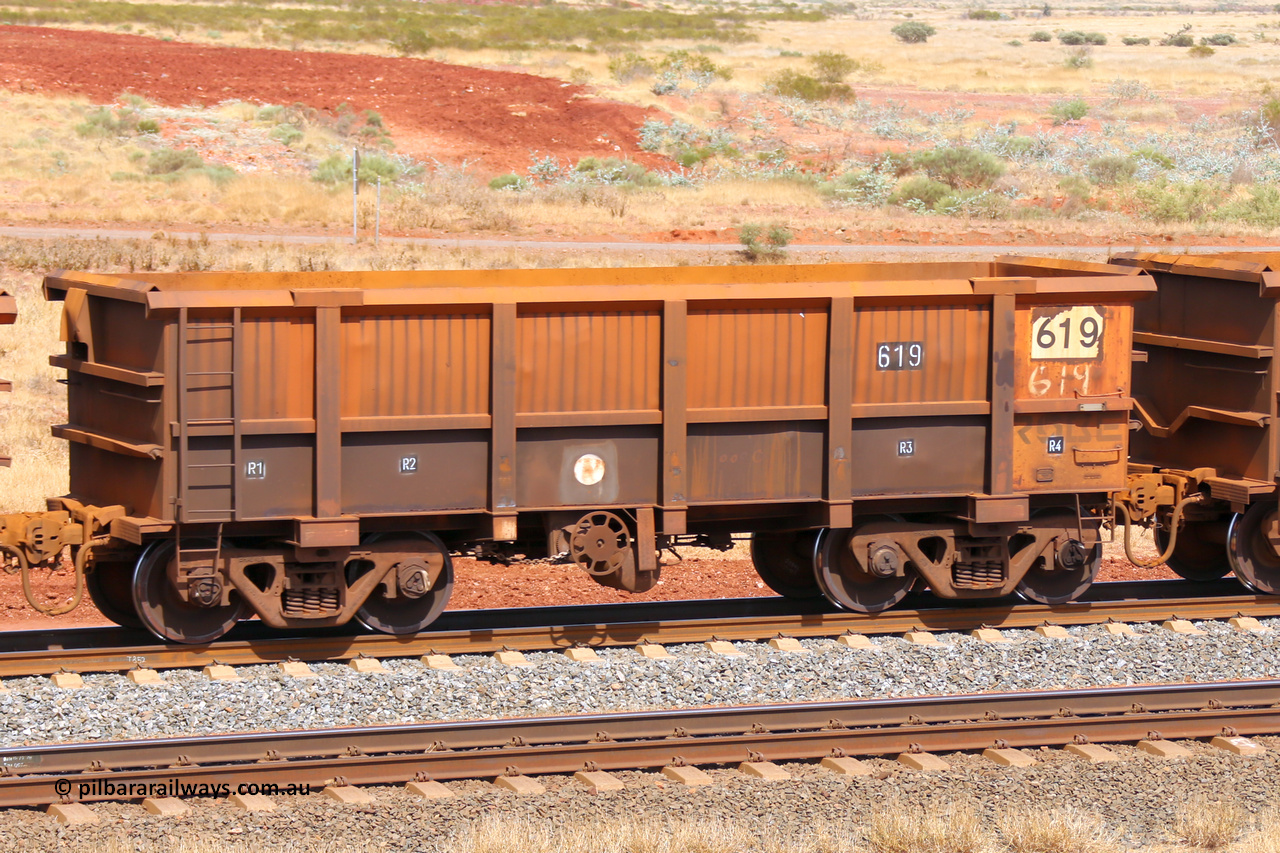 0619 141124 6805
Robe River ore waggon 619, built by Tomlinson Steel WA, fixed coupler handbrake side empty view at the 25 km at Arches Siding on the Cape Lambert line. November 24, 2014.
Keywords: 619;Tomlinson-Steel-WA;Robe-ore-waggon;