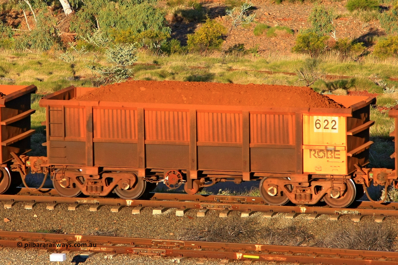0622 110602 1672
Robe River ore waggon 622, built by Tomlinson Steel WA, rotary coupler end handbrake side loaded view at the 71 km, Western Creek on the Deepdale line. June 2, 2011.
Keywords: 622;Tomlinson-Steel-WA;Robe-ore-waggon;