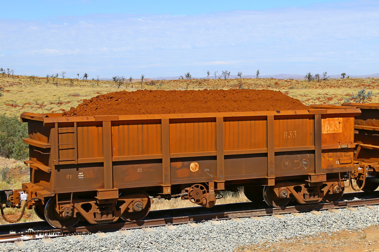 0633 170729 0278
Robe River ore waggon 633, built by Tomlinson Steel WA, fixed coupler handbrake side loaded view at the 103 km, between Maitland Siding and the Fortescue River on the Deepdale line. July 29, 2017.
Keywords: 633;Tomlinson-Steel-WA;Robe-ore-waggon;
