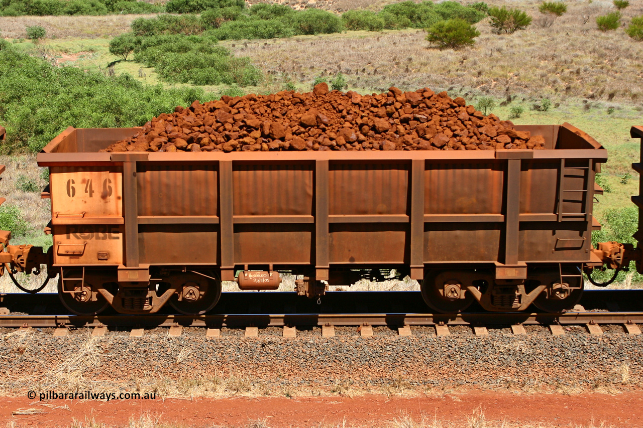 0646 061209 8180
Robe River ore waggon 645, built by Tomlinson Steel WA, non-handbrake side loaded view at the 7 km location just south of Cape Lambert yard. December 9, 2008.
Keywords: 646;Tomlinson-Steel-WA;Robe-ore-waggon;