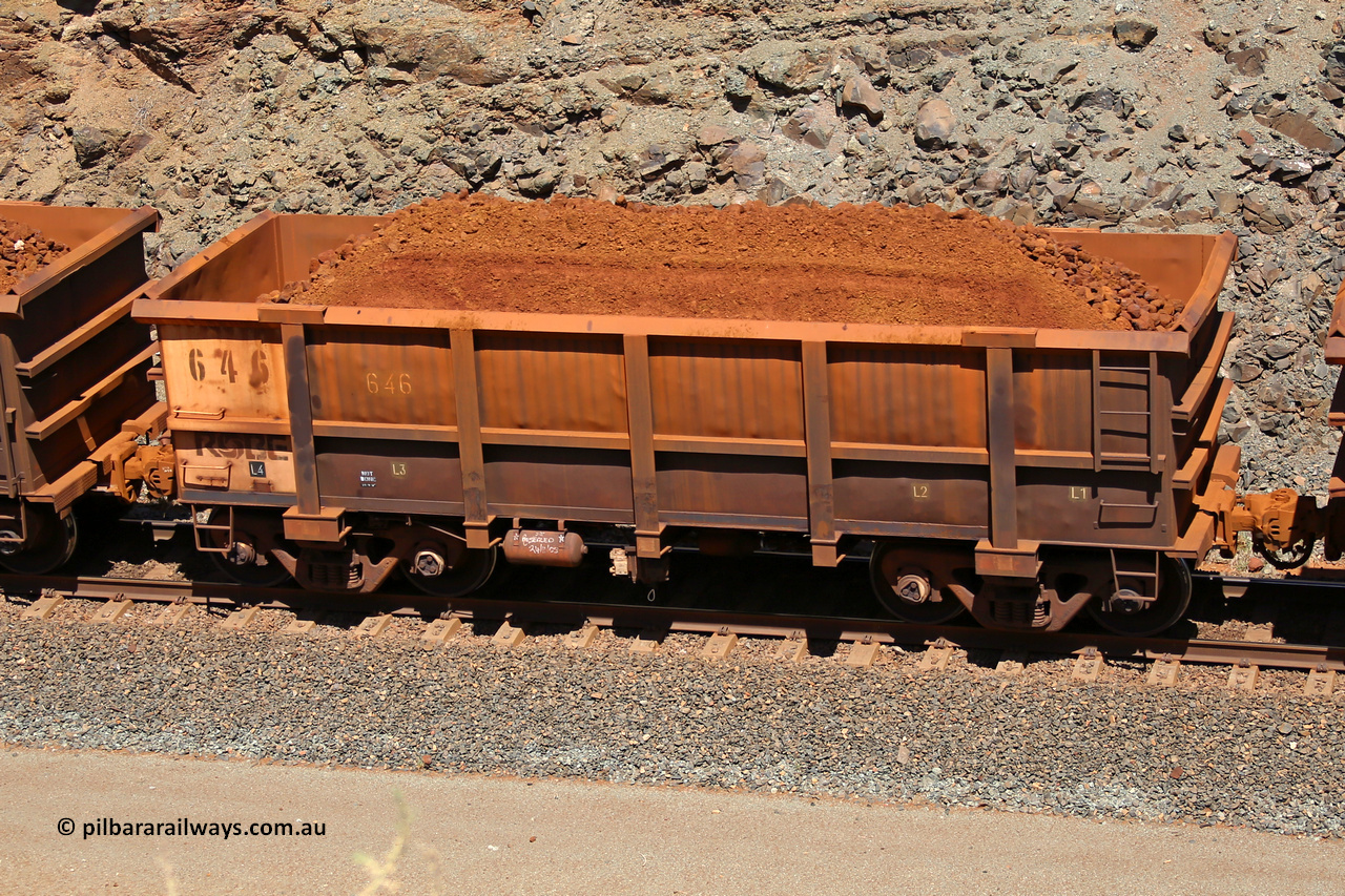 0646 160306 1638
Robe River ore waggon 646, built by Tomlinson Steel WA, fixed coupler non-handbrake side loaded view, at the 45 km, Harding Siding on the Cape Lambert line. March 6, 2016.
Keywords: 646;Tomlinson-Steel-WA;Robe-ore-waggon;