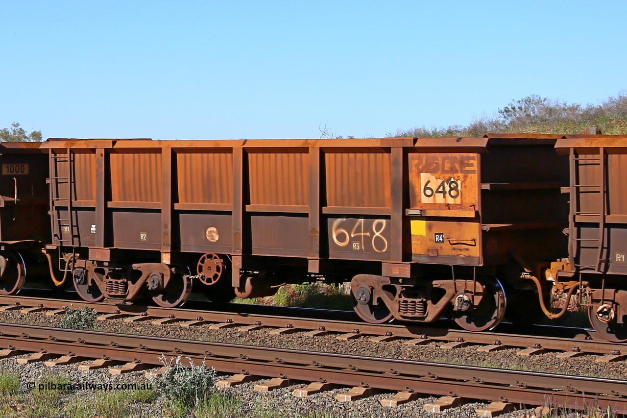 0648 160727 0981
Robe River ore waggon 648, built by Tomlinson Steel WA, rotary coupler end handbrake side empty view at Harding Siding on the Cape Lambert line, July 27, 2016.
Keywords: 648;Tomlinson-Steel-WA;Robe-ore-waggon;