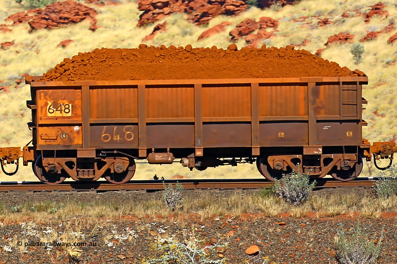 0648 170728 09908
Robe River ore waggon 648, built by Tomlinson Steel WA, non-handbrake side loaded view at the 72 km, Western Creek on the Deepdale line. July 28, 2017.
Keywords: 648;Tomlinson-Steel-WA;Robe-ore-waggon;