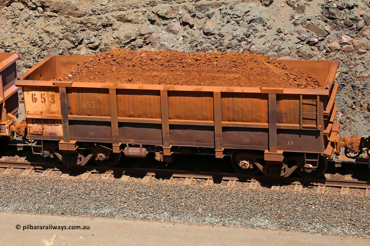 0653 160306 1643
Robe River ore waggon 653, built by Tomlinson Steel WA, fixed coupler non-handbrake side loaded view, at the 45 km, Harding Siding on the Cape Lambert line. March 6, 2016.
Keywords: 653;Tomlinson-Steel-WA;Robe-ore-waggon;