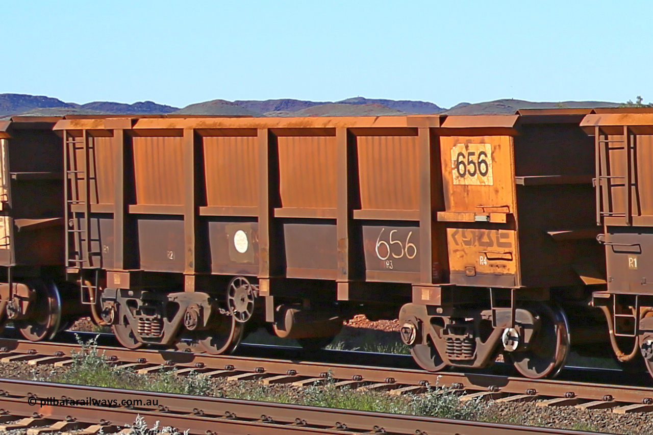 0656 160727 0960
Robe River ore waggon 656, built by Tomlinson Steel WA, rotary coupler end handbrake side empty view at Harding Siding on the Cape Lambert line, July 27, 2016.
Keywords: 656;Tomlinson-Steel-WA;Robe-ore-waggon;