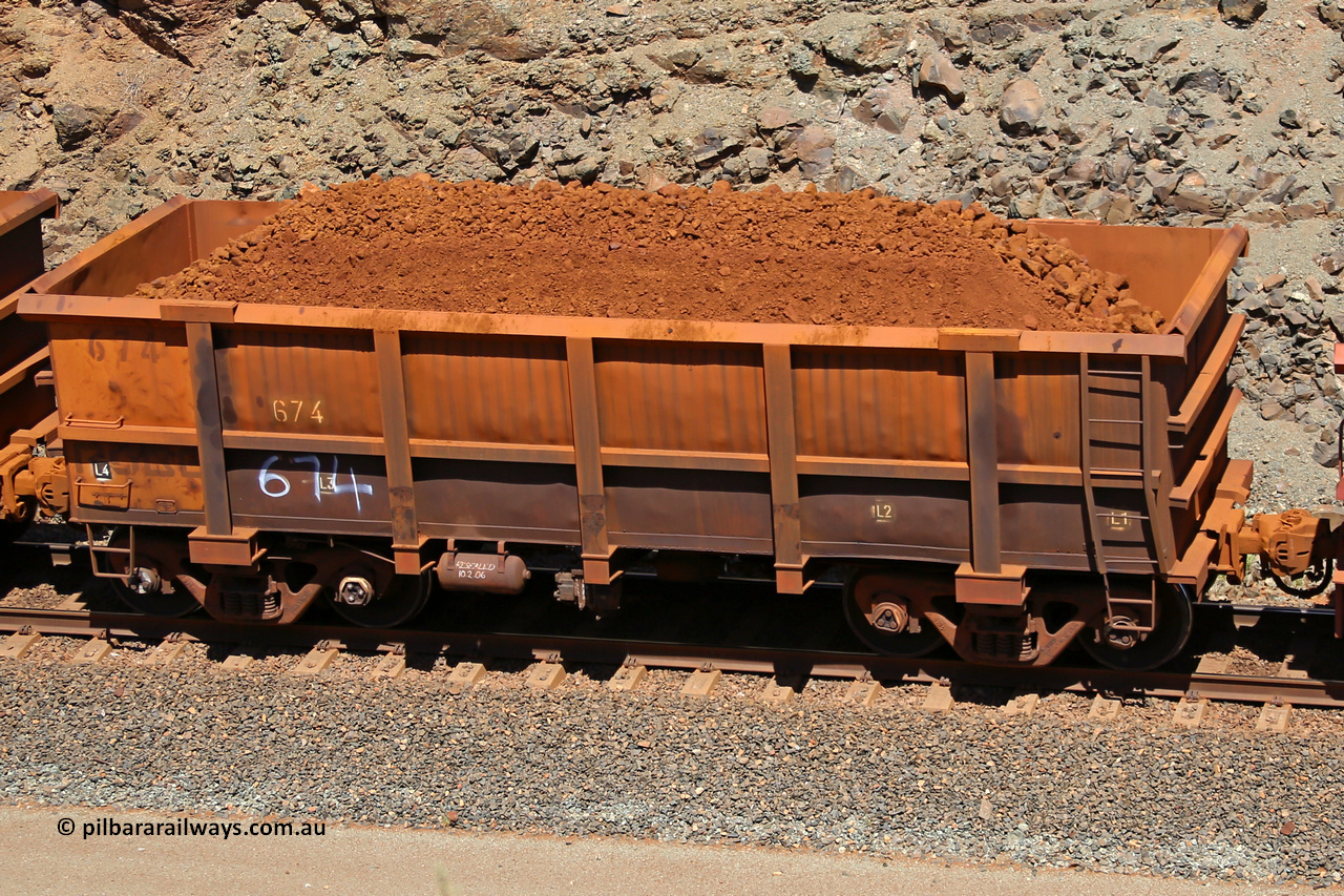 0674 160306 1599
Robe River ore waggon 674, built by Tomlinson Steel WA, fixed coupler non-handbrake side loaded view, at the 45 km, Harding Siding on the Cape Lambert line. March 6, 2016.
Keywords: 674;Tomlinson-Steel-WA;Robe-ore-waggon;