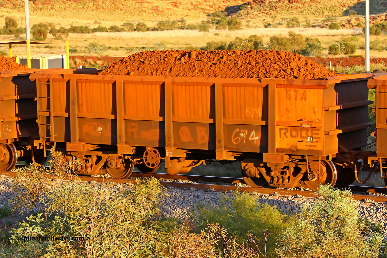 0674 170513 8626
Robe River ore waggon 674, built by Tomlinson Steel WA, rotary coupler end handbrake side loaded view, Cape Lambert yard, May 13, 2017.
Keywords: 674;Tomlinson-Steel-WA;Robe-ore-waggon;