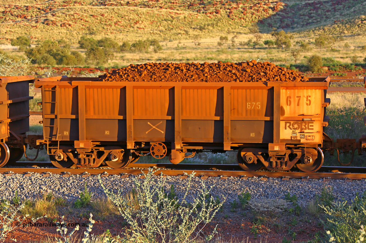 0675 170513 8709
Robe River ore waggon 675, built by Tomlinson Steel WA, rotary coupler end handbrake side loaded view, Cape Lambert yard, May 13, 2017.
Keywords: 675;Tomlinson-Steel-WA;Robe-ore-waggon;