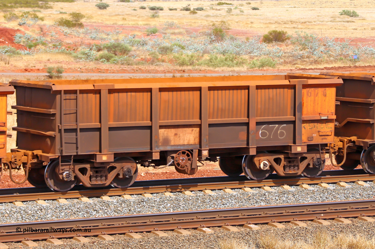 0676 141124 6782
Robe River ore waggon 676, built by Tomlinson Steel WA, fixed coupler handbrake side empty view at the 25 km at Arches Siding on the Cape Lambert line. November 24, 2014.
Keywords: 676;Tomlinson-Steel-WA;Robe-ore-waggon;