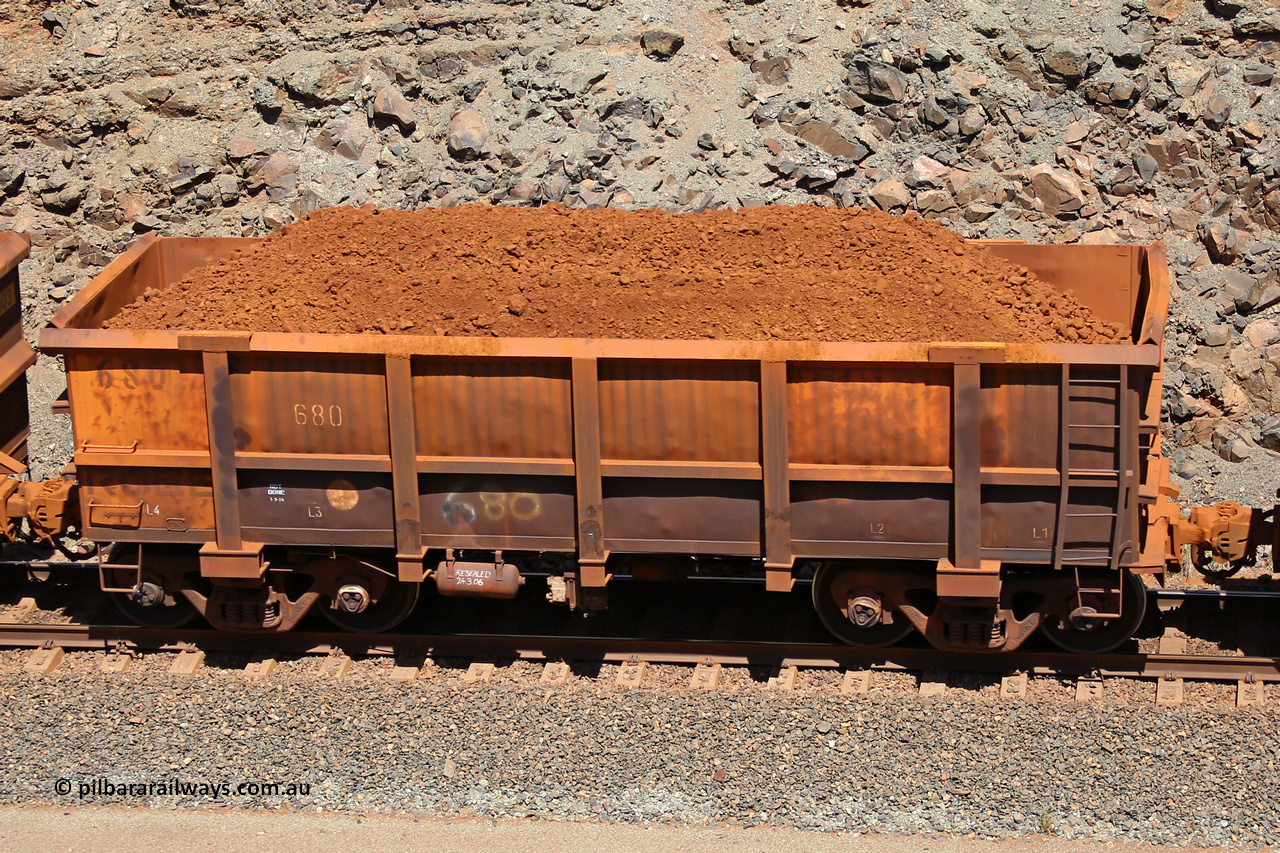 0680 160306 1559
Robe River ore waggon 680, built by Tomlinson Steel WA, fixed coupler non-handbrake side loaded view, at the 45 km, Harding Siding on the Cape Lambert line. March 6, 2016.
Keywords: 680;Tomlinson-Steel-WA;Robe-ore-waggon;