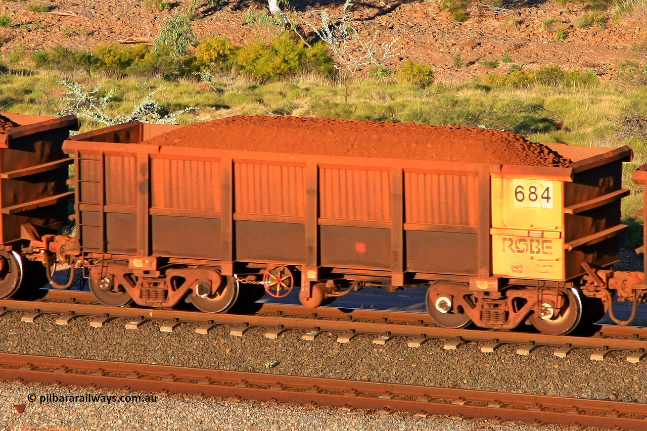 0684 110602 1714
Robe River ore waggon 684, built by Tomlinson Steel WA, rotary coupler end handbrake side loaded view at the 71 km, Western Creek on the Deepdale line. June 2, 2011.
Keywords: 684;Tomlinson-Steel-WA;Robe-ore-waggon;