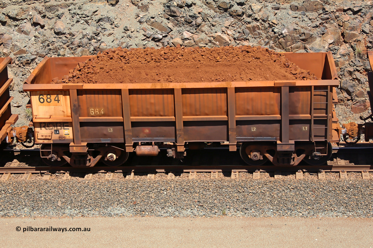 0684 160306 1515
Robe River ore waggon 684, built by Tomlinson Steel WA, fixed coupler non-handbrake side loaded view, at the 45 km, Harding Siding on the Cape Lambert line. March 6, 2016.
Keywords: 684;Tomlinson-Steel-WA;Robe-ore-waggon;