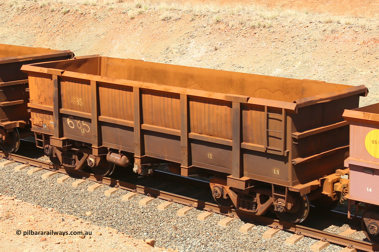0685 160306 1305
Robe River ore waggon 685, built by Tomlinson Steel WA, fixed coupler non-handbrake side empty view at Greenpool on the Cape Lambert line. March 6, 2016.
Keywords: 685;Tomlinson-Steel-WA;Robe-ore-waggon;