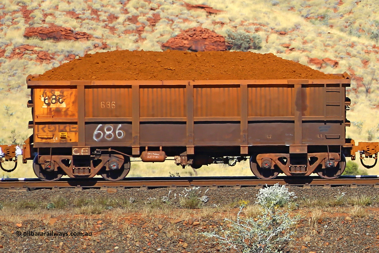 0686 170728 09955
Robe River ore waggon 686, built by Tomlinson Steel WA, non-handbrake side loaded view at the 72 km, Western Creek on the Deepdale line. July 28, 2017.
Keywords: 686;Tomlinson-Steel-WA;Robe-ore-waggon;