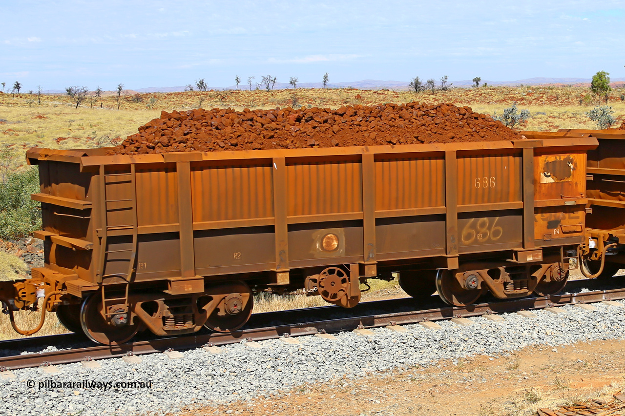 0686 170729 0198
Robe River ore waggon 686, built by Tomlinson Steel WA, fixed coupler handbrake side loaded view at the 103 km, between Maitland Siding and the Fortescue River on the Deepdale line. July 29, 2017.
Keywords: 686;Tomlinson-Steel-WA;Robe-ore-waggon;