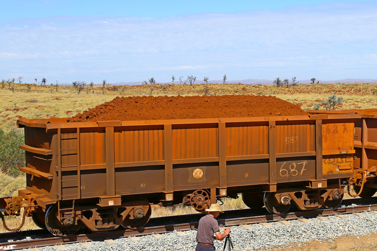 0687 170729 0273
Robe River ore waggon 687, built by Tomlinson Steel WA, fixed coupler handbrake side loaded view at the 103 km, between Maitland Siding and the Fortescue River on the Deepdale line. July 29, 2017.
Keywords: 687;Tomlinson-Steel-WA;Robe-ore-waggon;