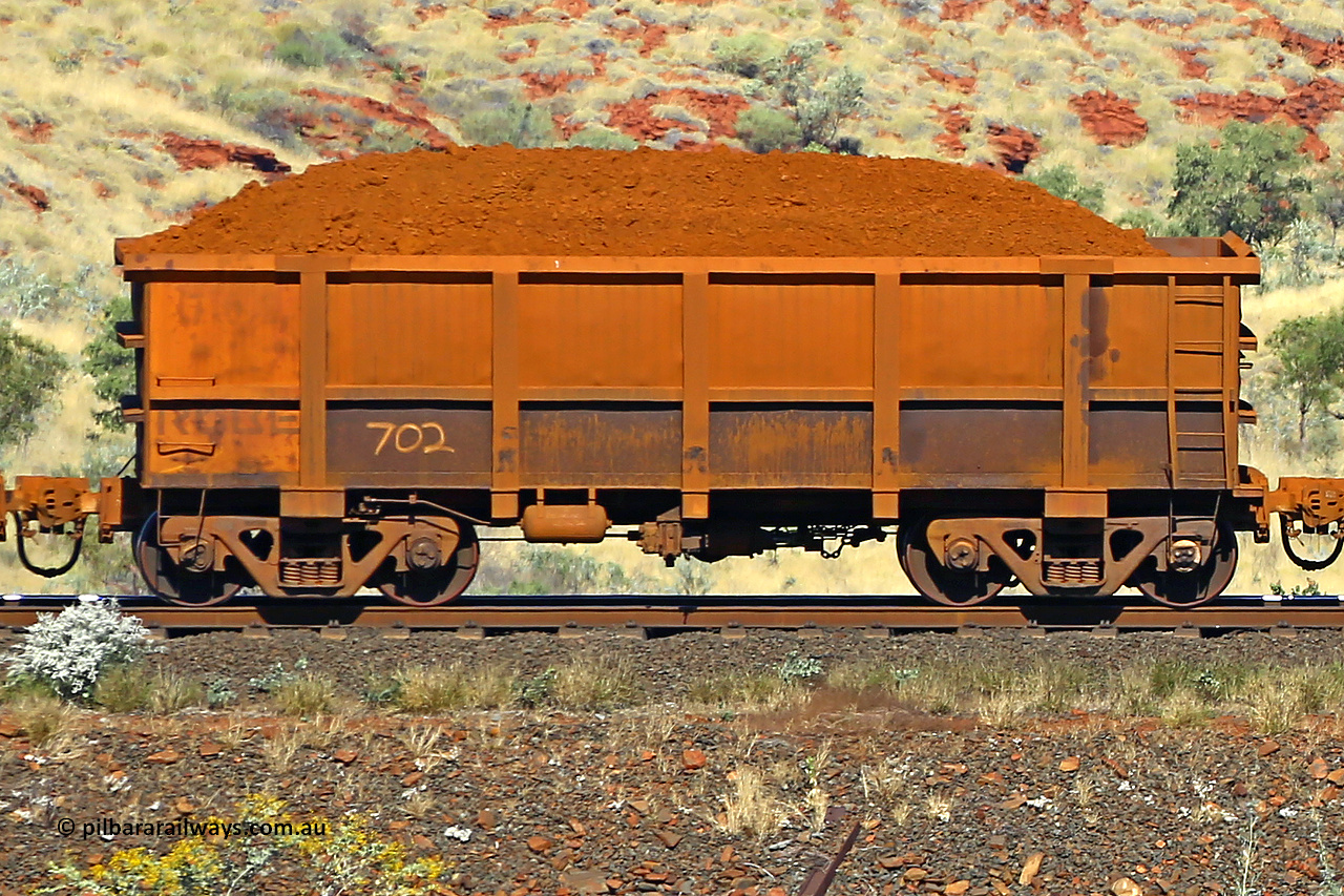 0702 170728 09943
Robe River ore waggon 702, built by Tomlinson Steel WA, non-handbrake side loaded view at the 72 km, Western Creek on the Deepdale line. July 28, 2017.
Keywords: 702;Tomlinson-Steel-WA;Robe-ore-waggon;