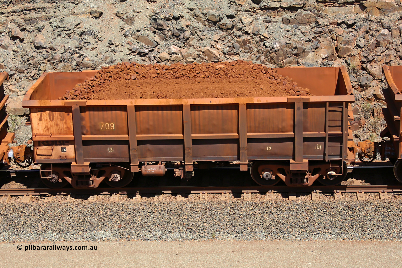 0709 160306 1513
Robe River ore waggon 709, built by Tomlinson Steel WA, fixed coupler non-handbrake side loaded view, at the 45 km, Harding Siding on the Cape Lambert line. March 6, 2016.
Keywords: 709;Tomlinson-Steel-WA;Robe-ore-waggon;