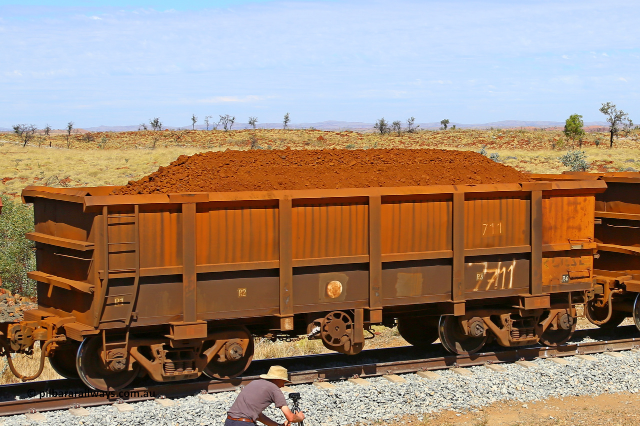 0711 170729 0259
Robe River ore waggon 711, built by Tomlinson Steel WA, fixed coupler handbrake side loaded view at the 103 km, between Maitland Siding and the Fortescue River on the Deepdale line. July 29, 2017.
Keywords: 711;Tomlinson-Steel-WA;Robe-ore-waggon;