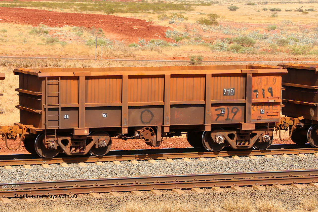 0719 141124 6846
Robe River ore waggon 719, built by Tomlinson Steel WA, fixed coupler handbrake side empty view at the 25 km at Arches Siding on the Cape Lambert line. November 24, 2014.
Keywords: 719;Tomlinson-Steel-WA;Robe-ore-waggon;