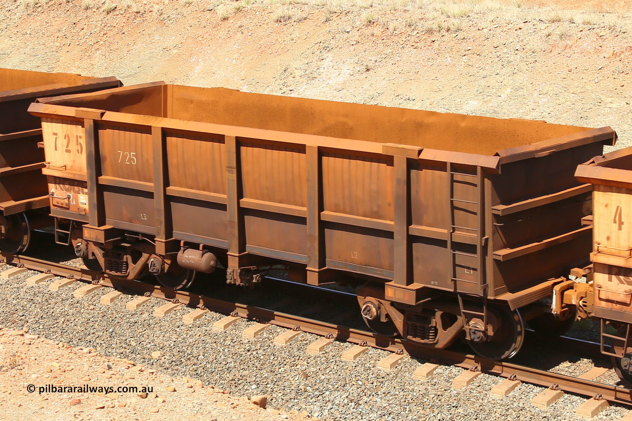 0725 160306 1251
Robe River ore waggon 725, built by Tomlinson Steel WA, fixed coupler non-handbrake side empty view at Greenpool on the Cape Lambert line. March 6, 2016.
Keywords: 725;Tomlinson-Steel-WA;Robe-ore-waggon;