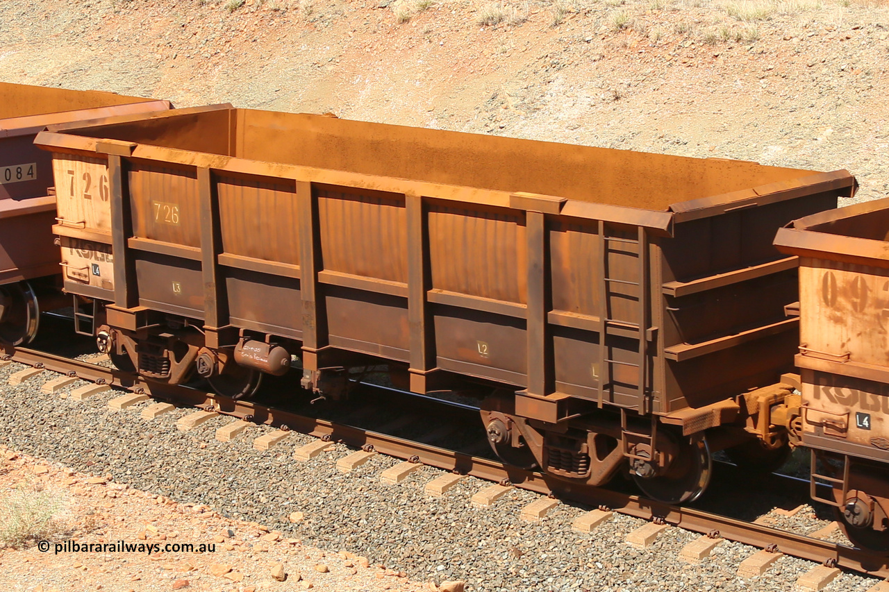 0726 160306 1285
Robe River ore waggon 726, built by Tomlinson Steel WA, fixed coupler non-handbrake side empty view at Greenpool on the Cape Lambert line. March 6, 2016.
Keywords: 726;Tomlinson-Steel-WA;Robe-ore-waggon;