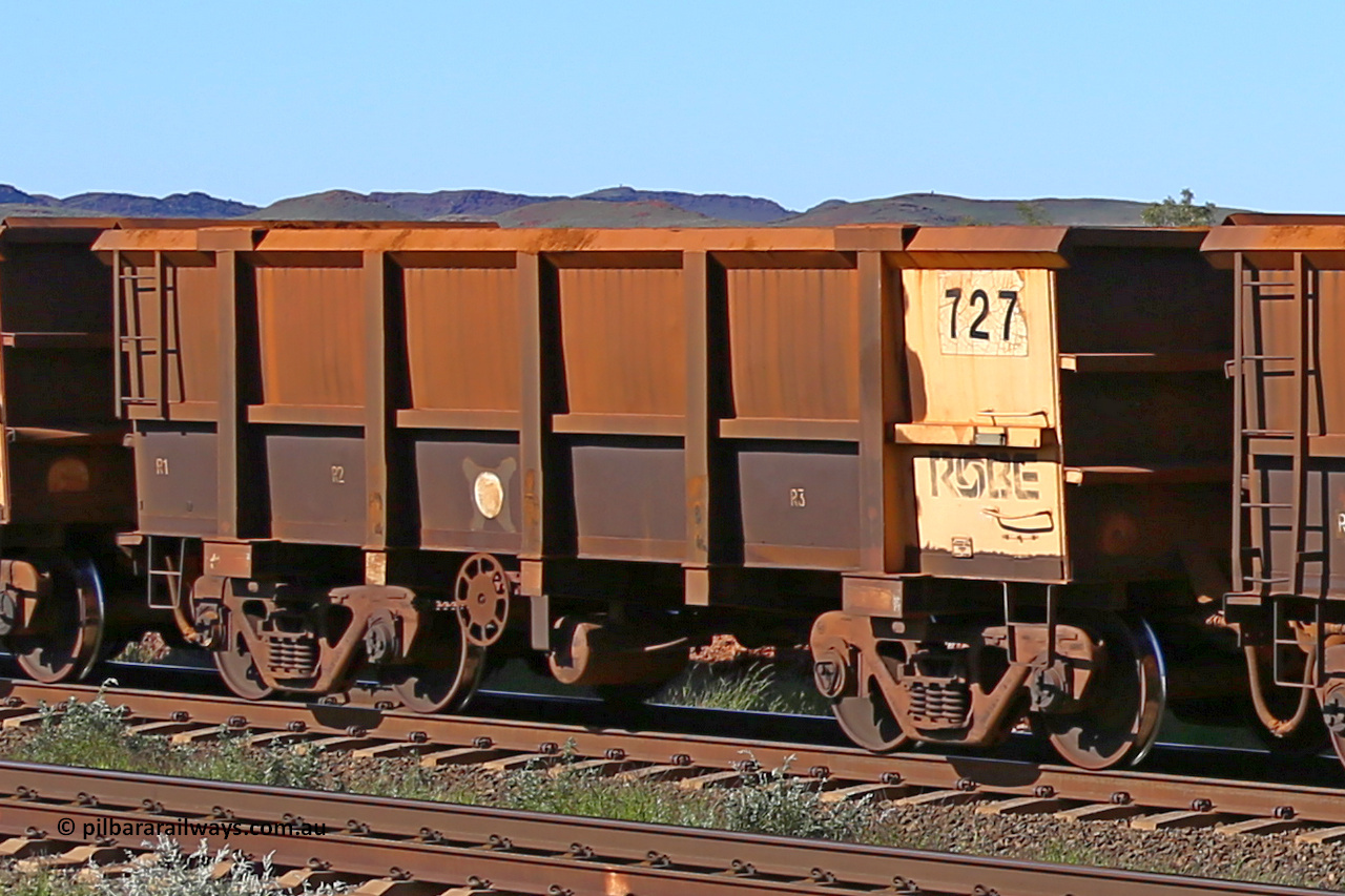 0727 160727 0965
Robe River ore waggon 727, built by Tomlinson Steel WA, rotary coupler end handbrake side empty view at Harding Siding on the Cape Lambert line, July 27, 2016.
Keywords: 727;Tomlinson-Steel-WA;Robe-ore-waggon;