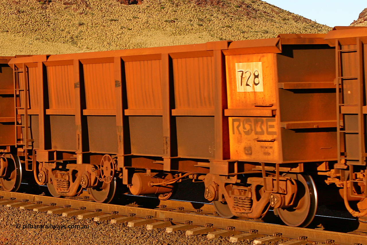 0728 060722 7587
Robe River ore waggon 728, built by Tomlinson Steel WA, rotary coupler end handbrake side empty partial view, at the 11.7 km, Cape Lambert. July 22, 2006.
Keywords: 728;Tomlinson-Steel-WA;Robe-ore-waggon;