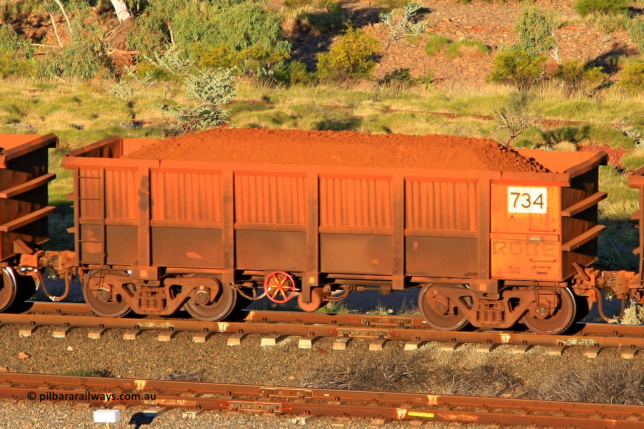 0734 110602 1665
Robe River ore waggon 734, built by Tomlinson Steel WA, rotary coupler end handbrake side loaded view at the 71 km, Western Creek on the Deepdale line. June 2, 2011.
Keywords: 734;Tomlinson-Steel-WA;Robe-ore-waggon;