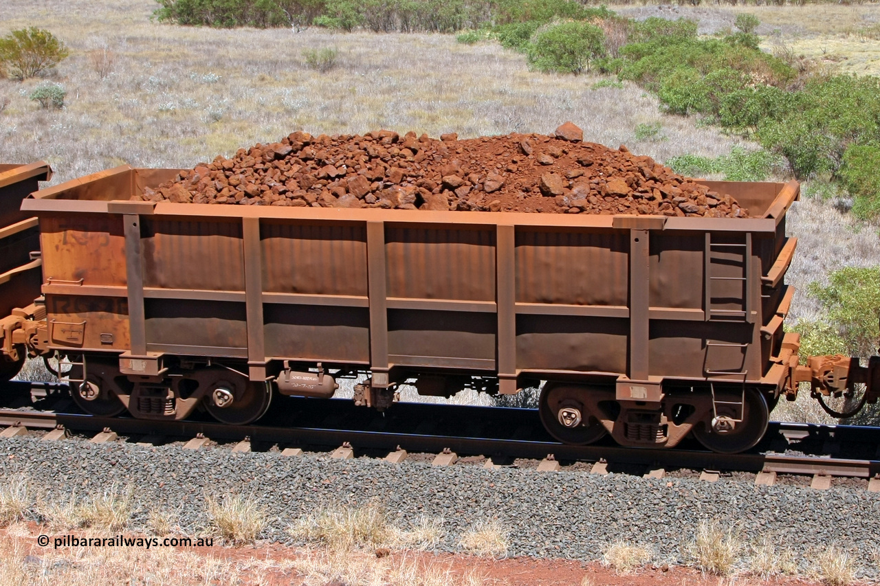 0735 081209 0154
Robe River ore waggon 735, built by Tomlinson Steel WA, fixed coupler non-handbrake side loaded view at the 7 km location just south of Cape Lambert yard. December 9, 2008.
Keywords: 735;Tomlinson-Steel-WA;Robe-ore-waggon;