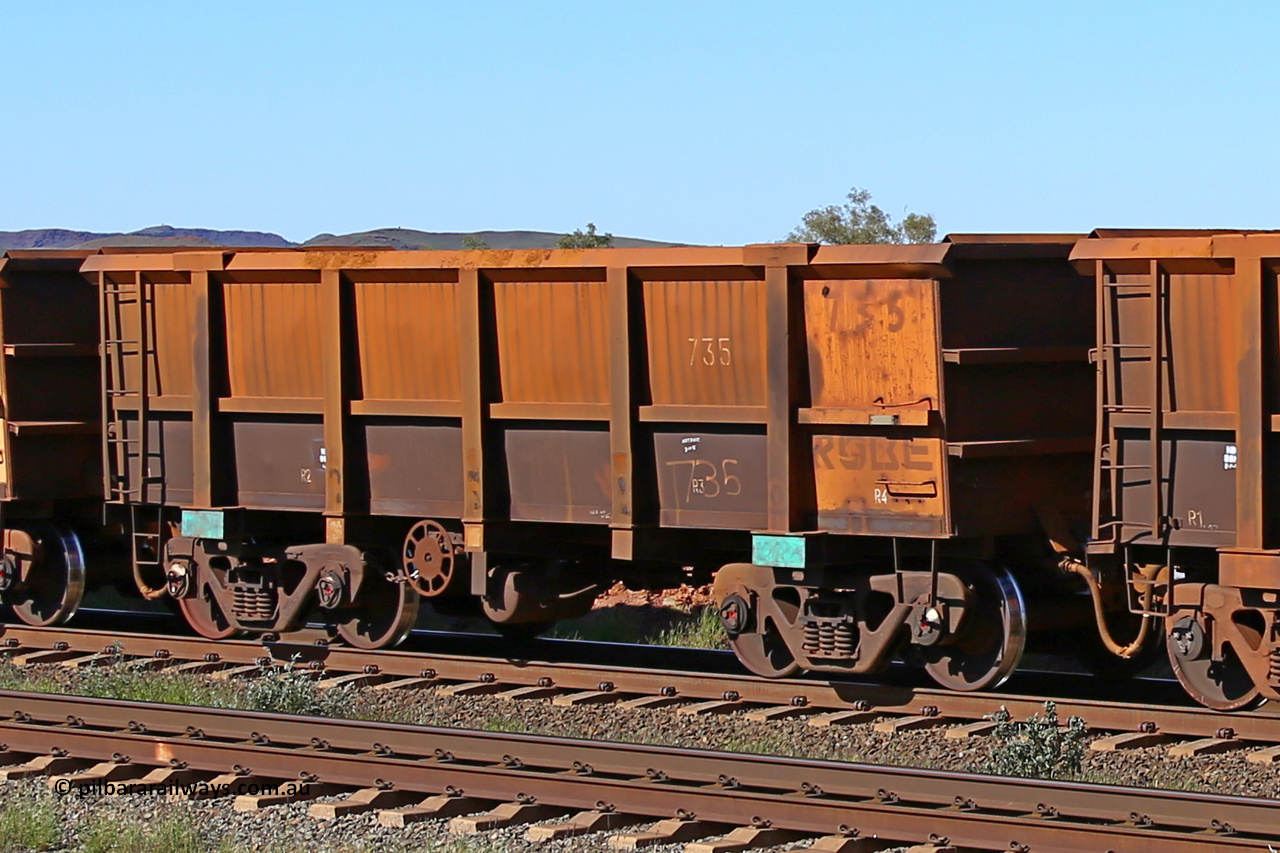 0735 160727 0988
Robe River ore waggon 735, built by Tomlinson Steel WA, rotary coupler end handbrake side empty view at Harding Siding on the Cape Lambert line, July 27, 2016.
Keywords: 735;Tomlinson-Steel-WA;Robe-ore-waggon;