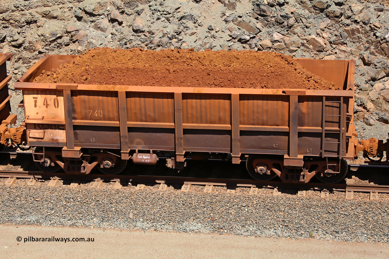 0740 160306 1578
Robe River ore waggon 740, built by Tomlinson Steel WA, fixed coupler non-handbrake side loaded view, at the 45 km, Harding Siding on the Cape Lambert line. March 6, 2016.
Keywords: 740;Tomlinson-Steel-WA;Robe-ore-waggon;
