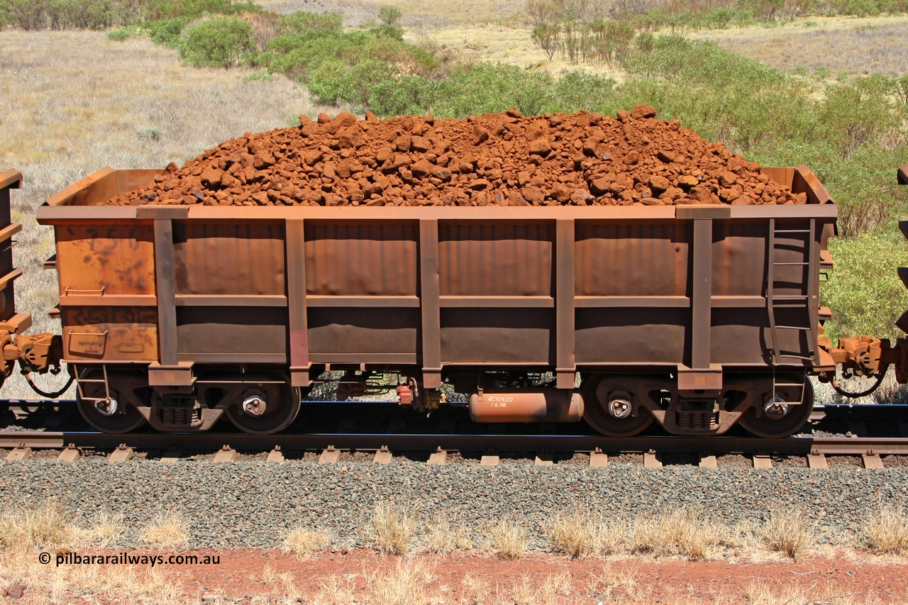 0756 081209 0141
Robe River ore waggon 756, built by Centurion Industries WA, non-handbrake side loaded view at the 7 km location just south of Cape Lambert yard. December 9, 2008.
Keywords: 756;Centurion-Industries-WA;Robe-ore-waggon;