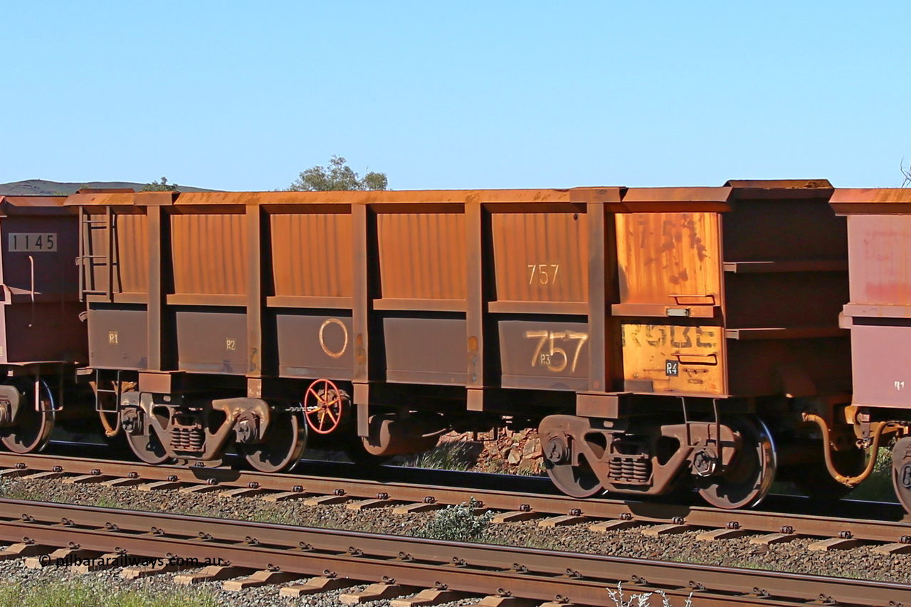 0757 160727 0957
Robe River ore waggon 757, built by Centurion Industries WA, rotary coupler end handbrake side empty view at Harding Siding on the Cape Lambert line, July 27, 2016.
Keywords: 757;Centurion-Industries-WA;Robe-ore-waggon;