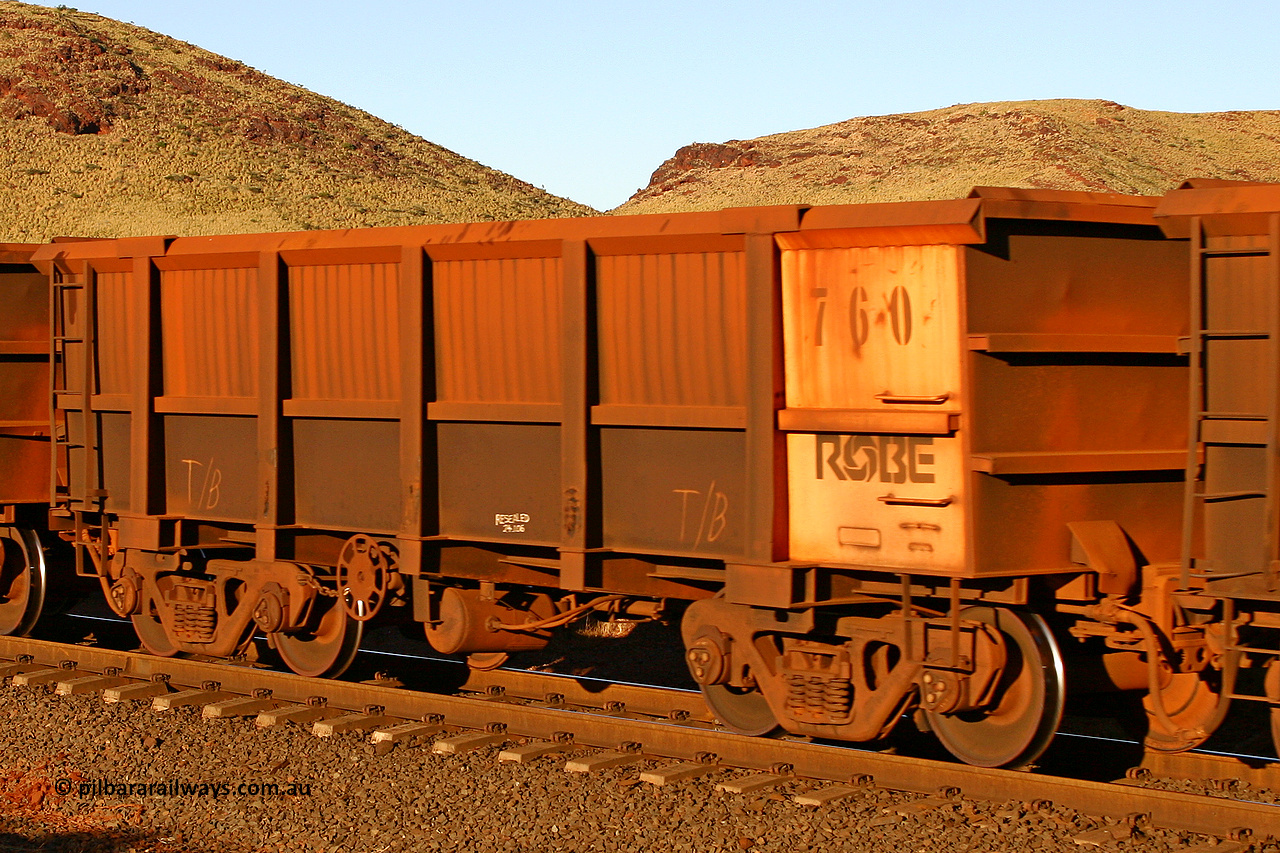 0760 060722 7616
Robe River ore waggon 760, built by Centurion Industries WA, rotary coupler end handbrake side empty partial view, at the 11.7 km, Cape Lambert. July 22, 2006.
Keywords: 760;Centurion-Industries-WA;Robe-ore-waggon;