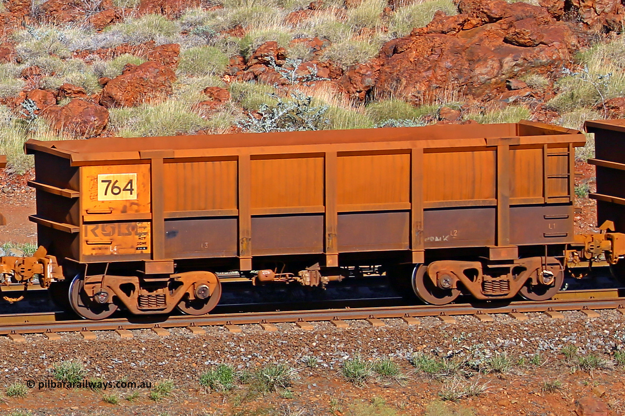 0764 180616 1704
Robe River ore waggon 749, built by Centurion Industries WA, rotary coupler end non-handbrake side empty view at the 38 km, Harding on the Cape Lambert line, June 16, 2018.
Keywords: 764;Centurion-Industries-WA;Robe-ore-waggon;