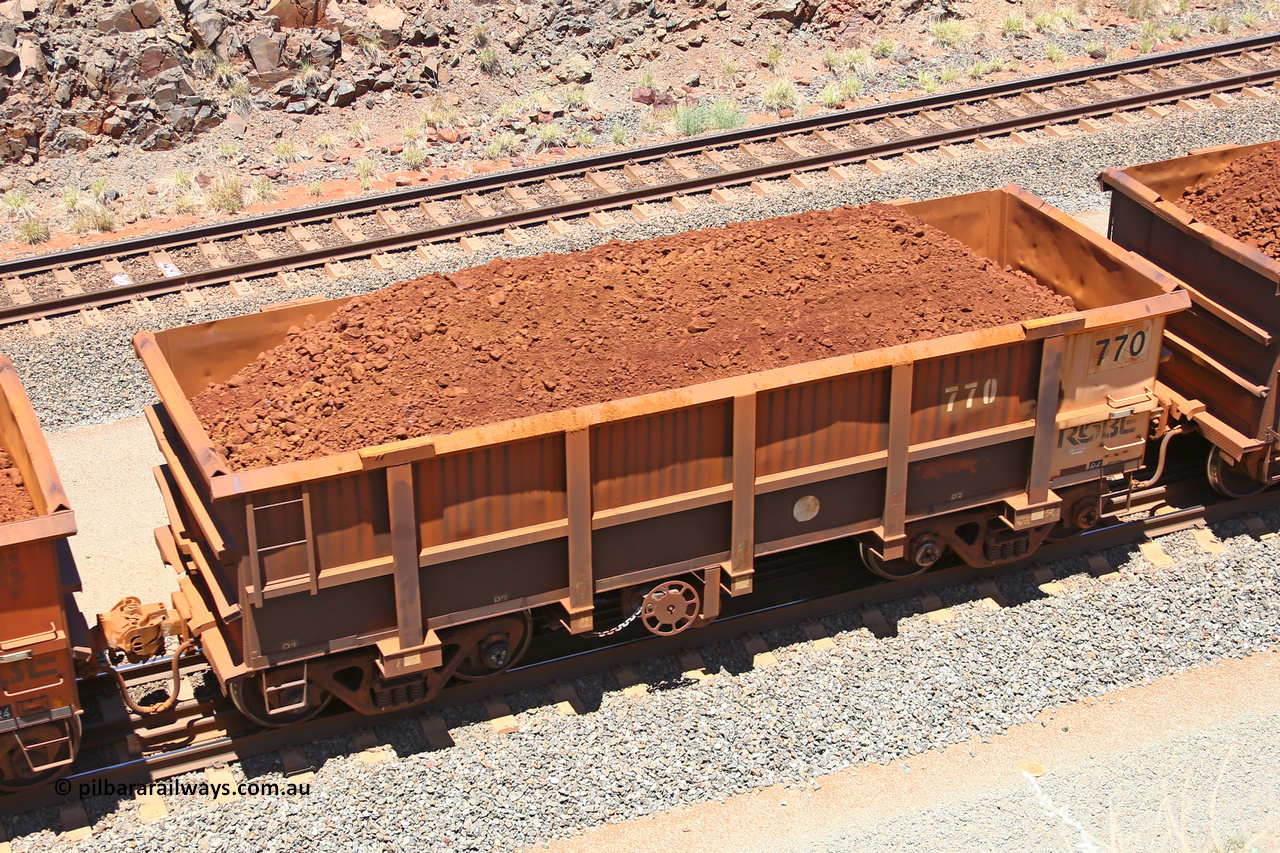 0770 160306 1451
Robe River ore waggon 770, built by Centurion Industries WA, fixed coupler handbrake side loaded view, at the 45 km, Harding Siding on the Cape Lambert line. March 6, 2016.
Keywords: 770;Centurion-Industries-WA;Robe-ore-waggon;
