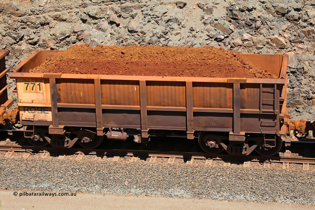 0771 160306 1581
Robe River ore waggon 771, built by Centurion Industries WA, fixed coupler non-handbrake side loaded view, at the 45 km, Harding Siding on the Cape Lambert line. March 6, 2016.
Keywords: 771;Centurion-Industries-WA;Robe-ore-waggon;