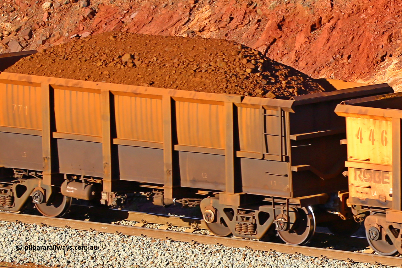 0771 180616 1652
Robe River ore waggon 771, built by Centurion Industries WA, fixed coupler non-handbrake side loaded view at the 38.5 km, Harding on the Cape Lambert line, June 16, 2018.
Keywords: 771;Centurion-Industries-WA;Robe-ore-waggon;