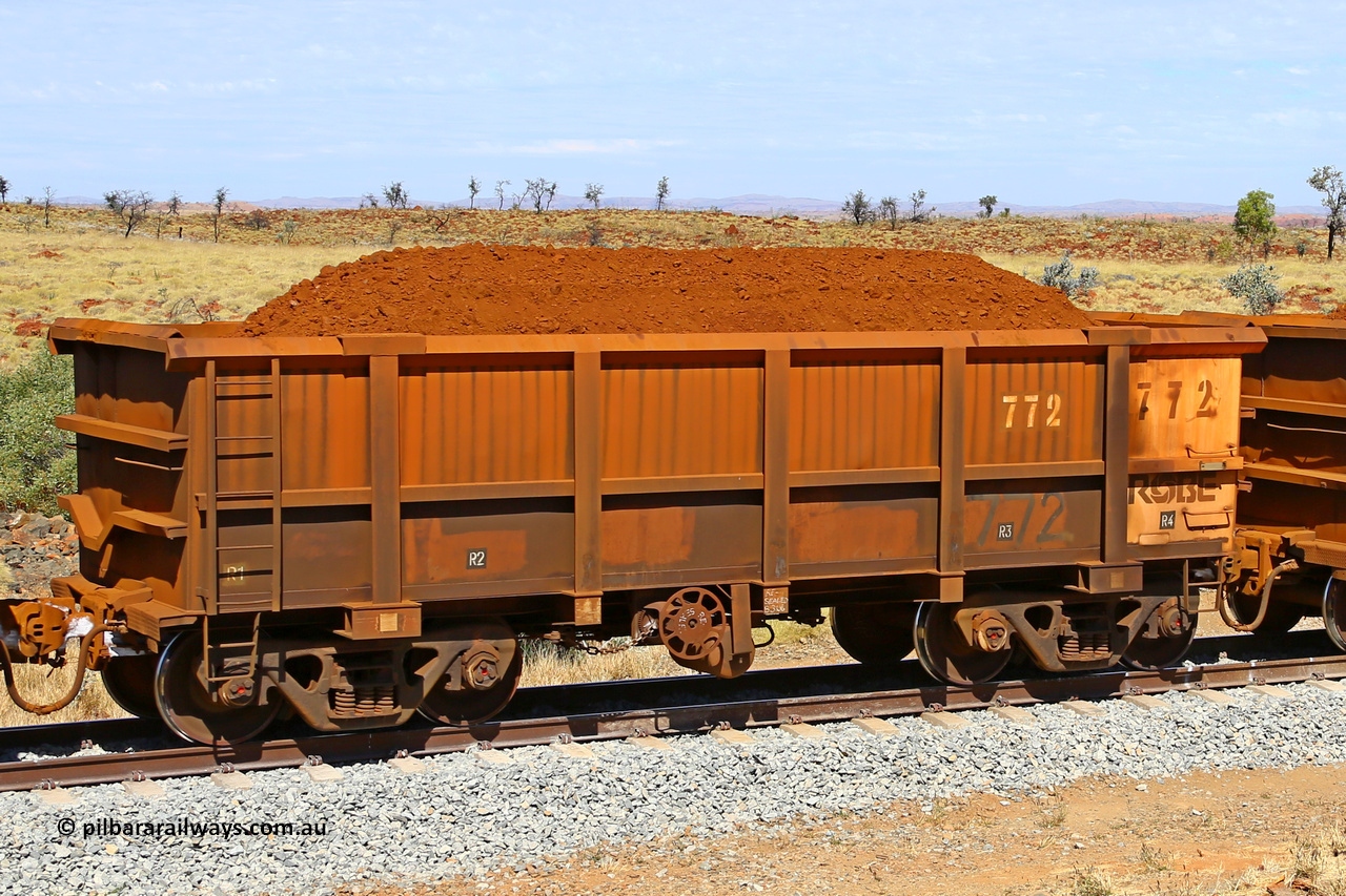 0772 170729 0240
Robe River ore waggon 772, built by Centurion Industries WA, fixed coupler handbrake side loaded view at the 103 km, between Maitland Siding and the Fortescue River on the Deepdale line. July 29, 2017.
Keywords: 772;Centurion-Industries-WA;Robe-ore-waggon;