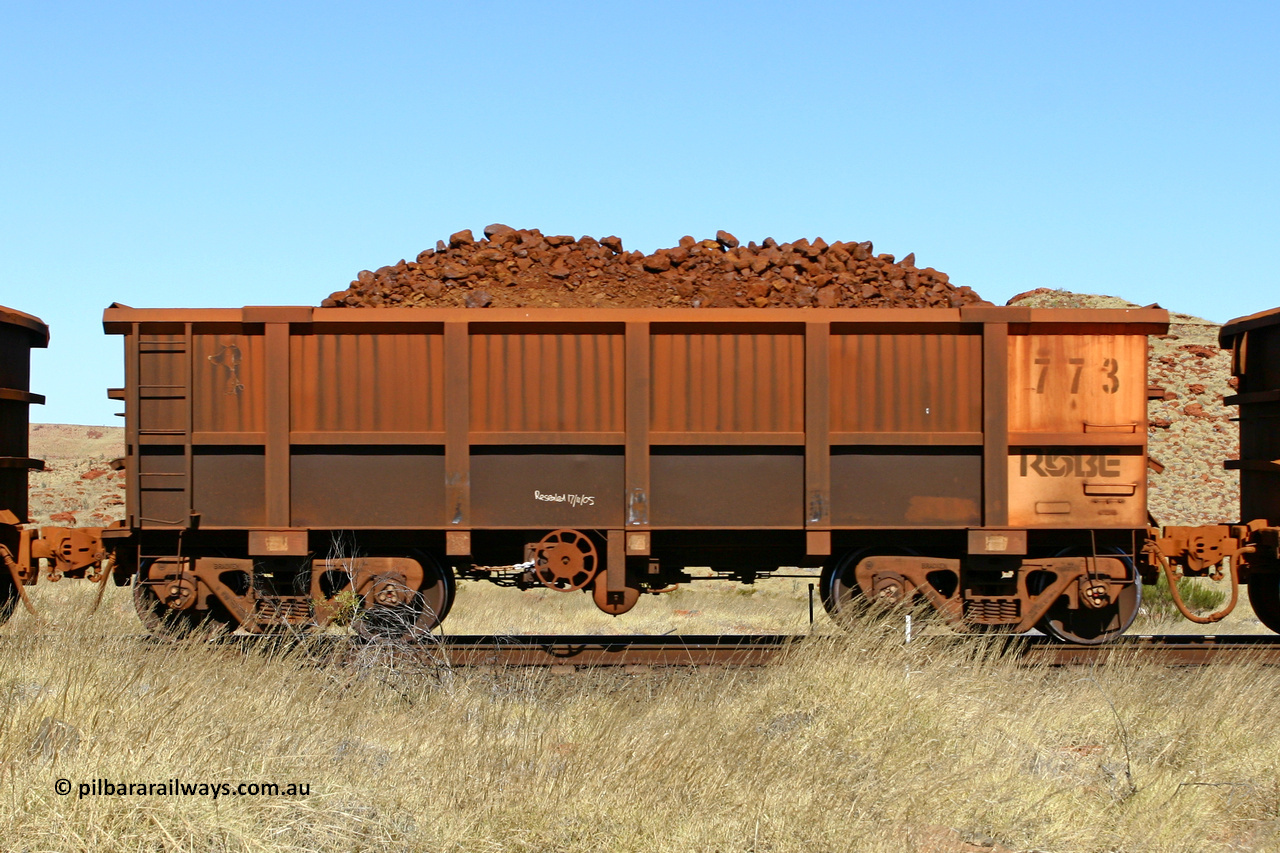 0773 060722 7498
Robe River ore waggon 773, built by Centurion Industries WA, handbrake side loaded view at the 78.8 km between Western Creek and Maitland on the Deepdale line. July 22, 2006.
Keywords: 773;Centurion-Industries-WA;Robe-ore-waggon;