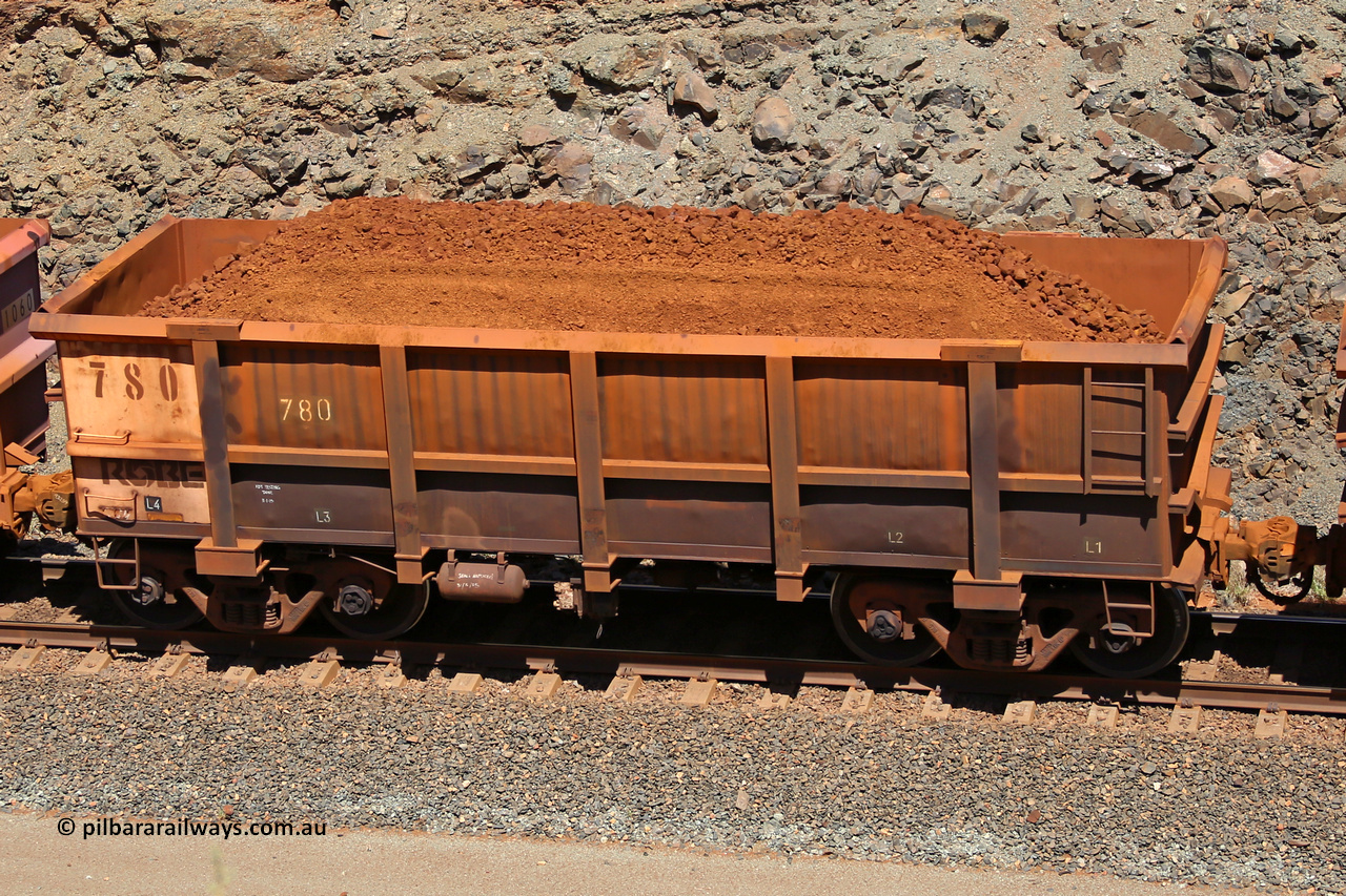 0780 160306 1610
Robe River ore waggon 780, built by Centurion Industries WA, fixed coupler non-handbrake side loaded view, at the 45 km, Harding Siding on the Cape Lambert line. March 6, 2016.
Keywords: 780;Centurion-Industries-WA;Robe-ore-waggon;