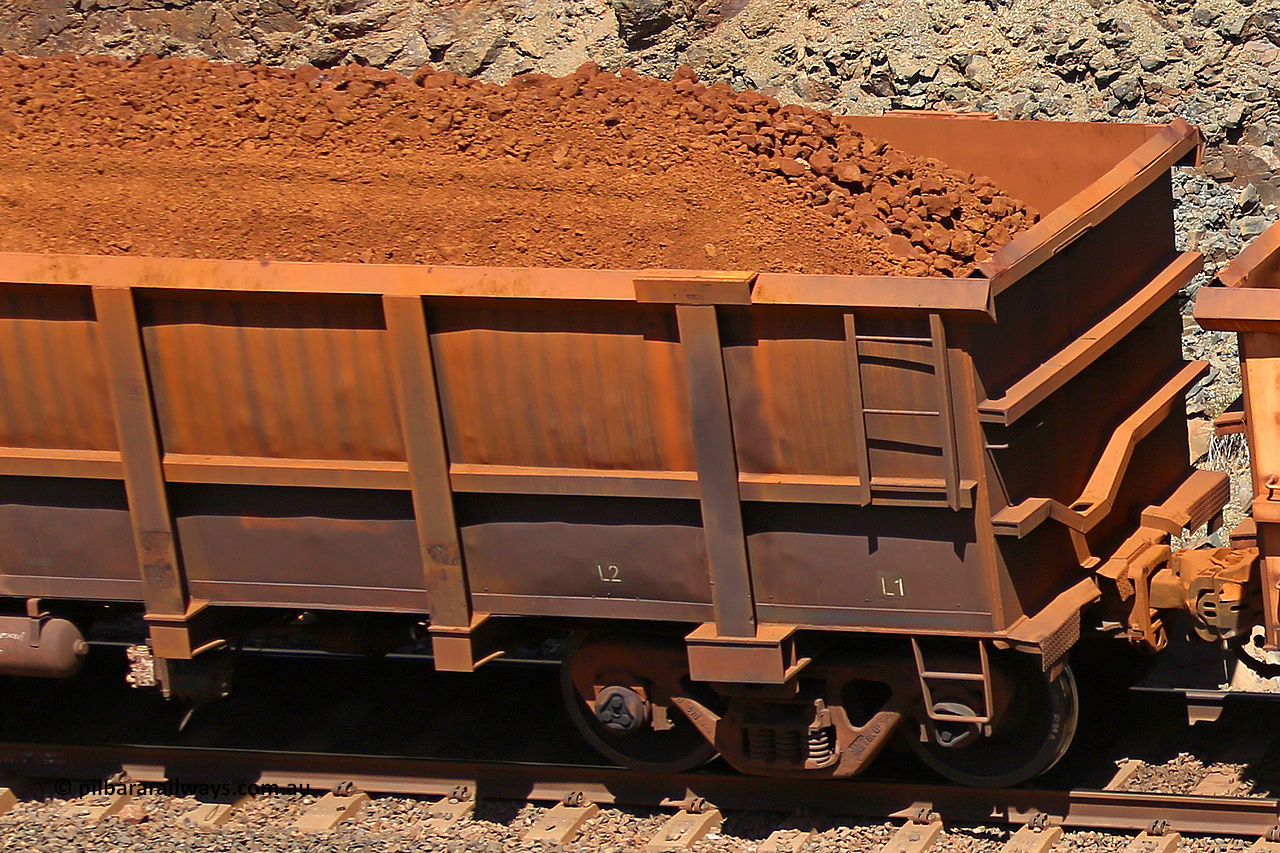 0780 160306 1611
Robe River ore waggon 780, built by Centurion Industries WA, fixed coupler non-handbrake side loaded view, shows drop rib detail, at the 45 km, Harding Siding on the Cape Lambert line. March 6, 2016.
Keywords: 780;Centurion-Industries-WA;Robe-ore-waggon;
