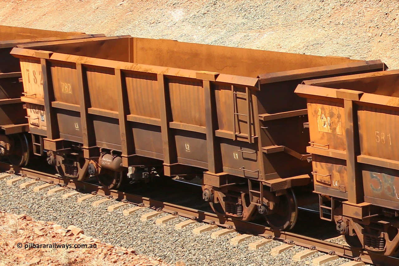 0782 160306 1324
Robe River ore waggon 782, built by Centurion Industries WA, fixed coupler non-handbrake side empty view at Greenpool on the Cape Lambert line. March 6, 2016.
Keywords: 782;Centurion-Industries-WA;Robe-ore-waggon;