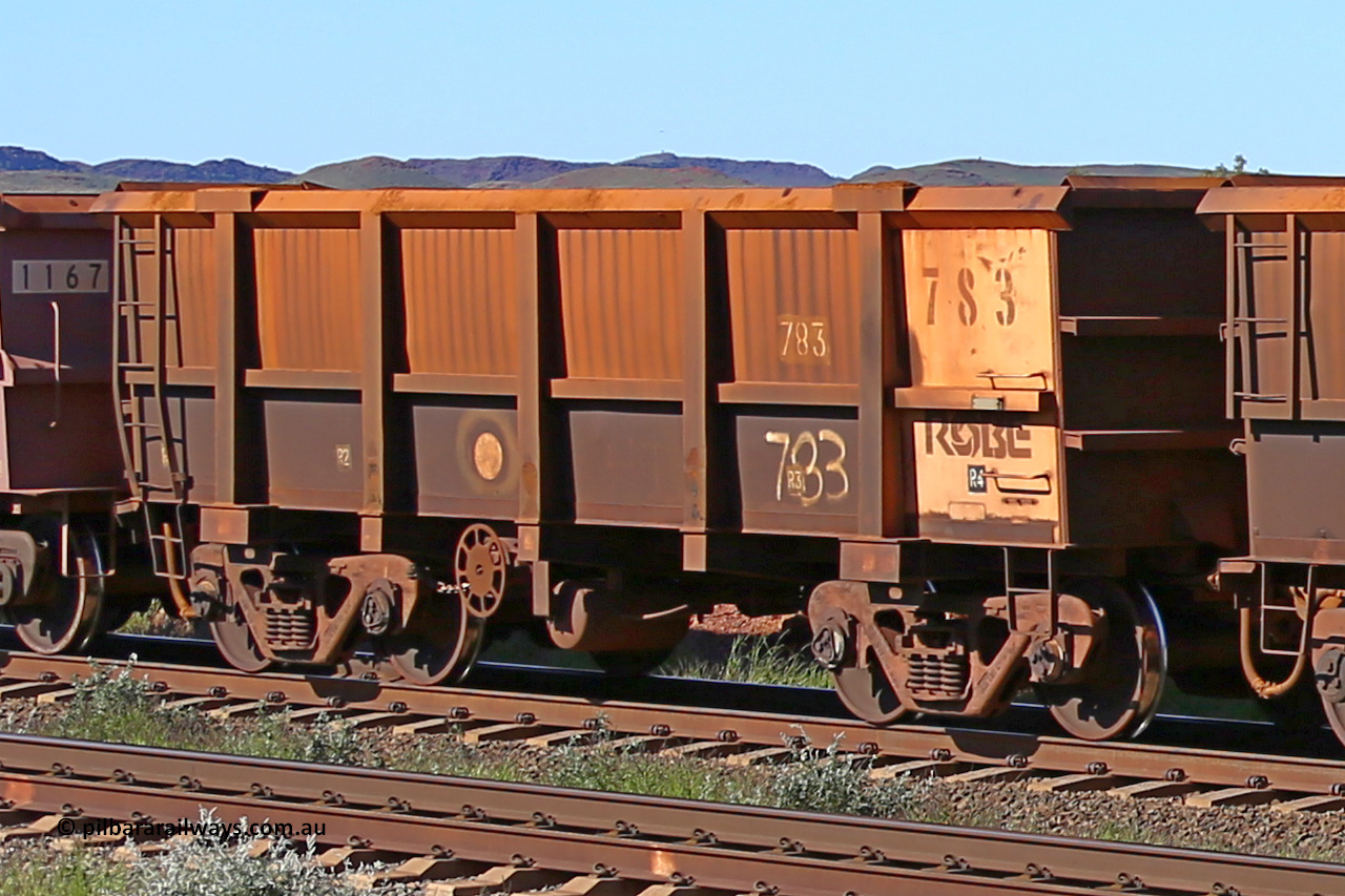 0783 160727 0961
Robe River ore waggon 783, built by Centurion Industries WA, rotary coupler end handbrake side empty view at Harding Siding on the Cape Lambert line, July 27, 2016.
Keywords: 783;Centurion-Industries-WA;Robe-ore-waggon;